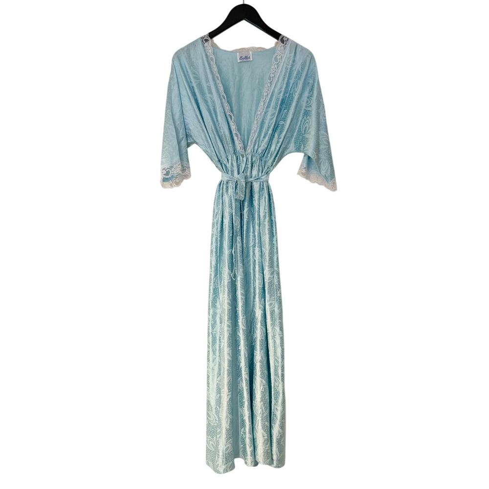 Vintage 80s Pastel Baby Blue Floral Embossed Lace Robe Gown - Picture 1 of 9